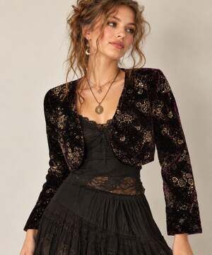 Y2K Nocturnis Whimsigoth Velvet Bolero Jacket Gold Floral Glitter Crop Fairy S